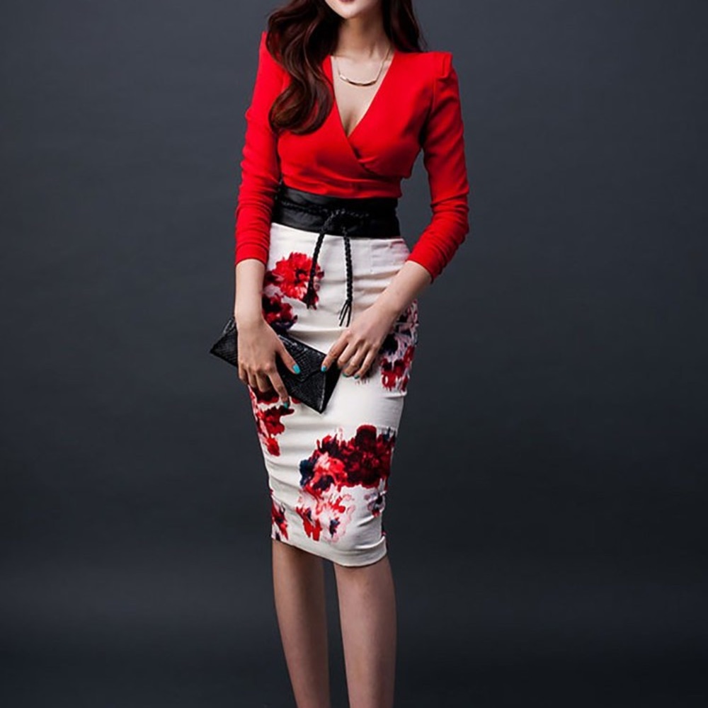 Red Surplice Neck Long Sleeve Top & Floral Skirt